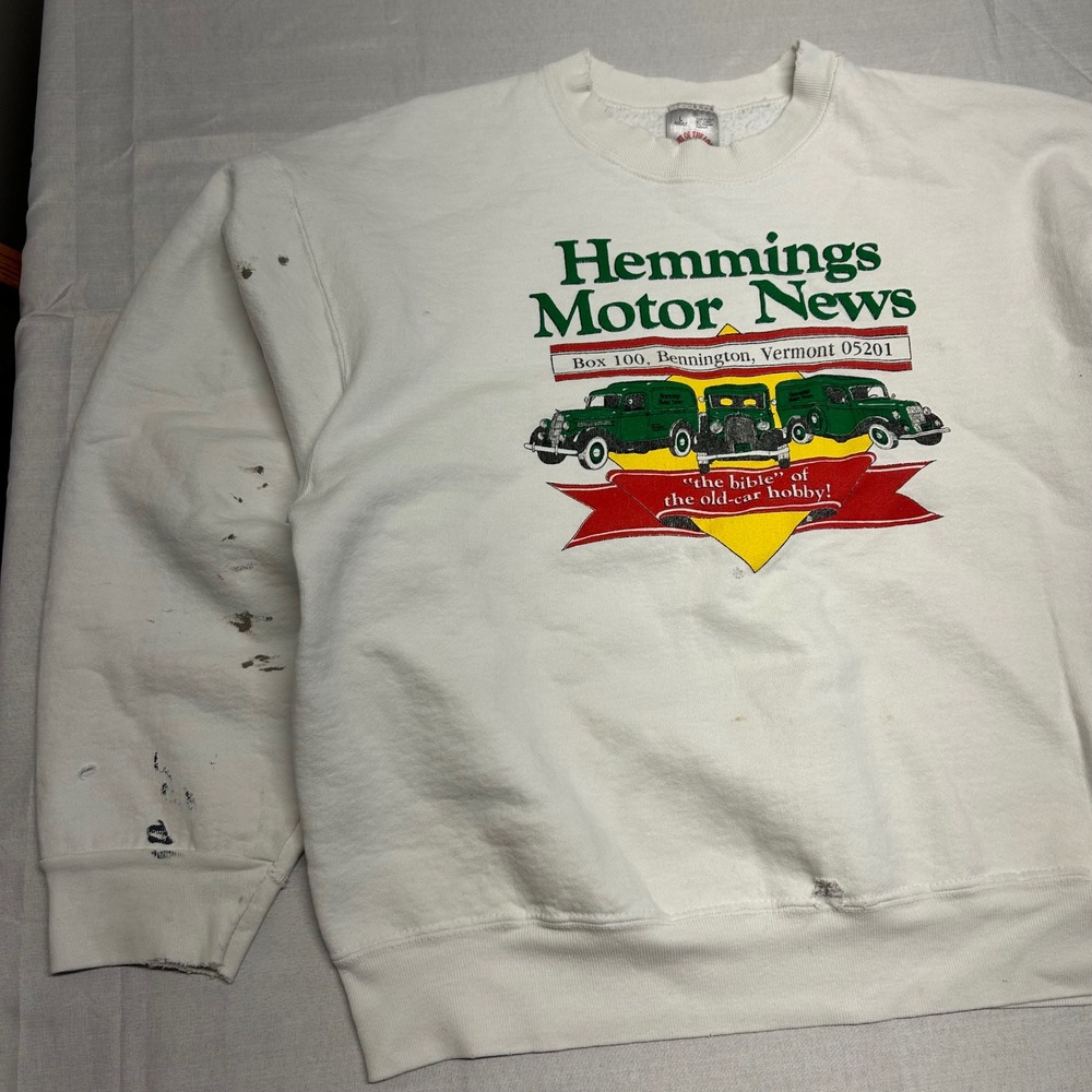 Vintage 90s Hemmings Motor News Sweatshirt Mens Large White Distressed USA Made - Picture 3 of 9